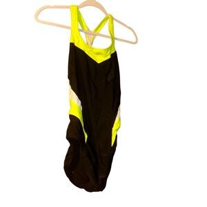 Nike Victory Color Block Power Back Tank Swimsuit Size 12 black neon yellow